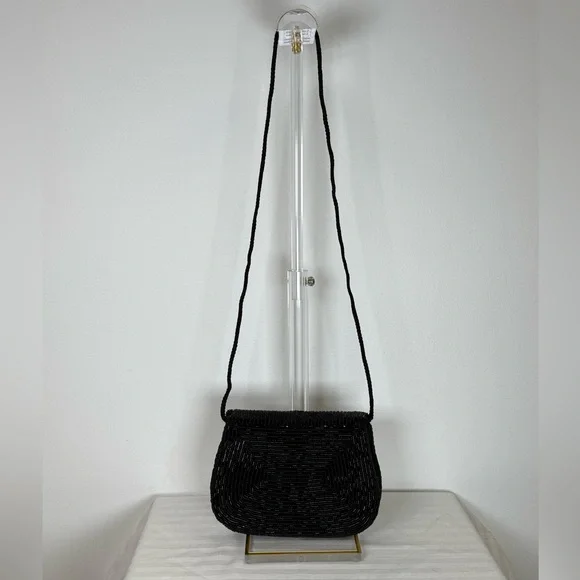 Sak’s Fifth Avenue Black Beaded Evening Bag Purse Clutch Magnetic Closure - Picture 7 of 11